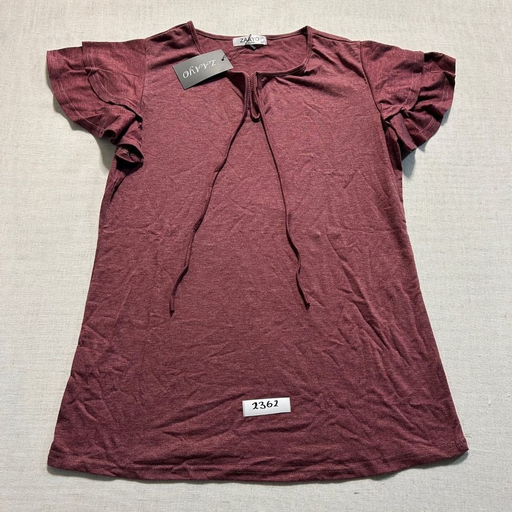 ZAAYO Ruffle Sleeve Top Womens Medium Burgundy Keyhole Tie Neck T-Shirt
